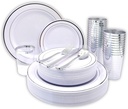 Tableware Dinnerware Set, Premium Heavyweight, Reusable or Disposable Party Plates, Includes Dinner Plate, Dessert Plate, Cutlery, and Cup (Silver, 150-Piece Set, Serves 25 Guests)