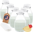 kitchentoolz 16 Oz Glass Mini Milk Bottles with Lids (6 Pack) – Reusable Glass Bottles for Milk, Creamer, and Juice – Includes 12 Tamper-Proof Caps and One Silicone Pour Spout