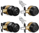 2 Sets Entry Door Knob and Single Cylinder Deadbolt Combo Set, Keyed Alike Round Ball Matte Black Exterior Door Knobs with Lock and Keys for Entrance and Front Door
