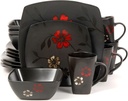 Evening Blossom 16-piece Dinnerware Set Black Red Floral Casual Ceramic 16 Piece Dishwasher Safe Microwave