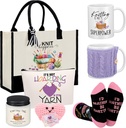 Amylove 8 Pcs Crochet Gifts Set for Women Trapezoid Grocery Canvas Tote Bags with Handle Scented Candle Novelty Socks Cosmetic Bag Mug Heart Crochet Doll Card Xmas Gifts for Knitting Lovers Crocheters