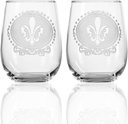 Rolf Glass Royal Fleur de Lis Stemless Wine Tumbler | Set of 2 Engraved 17oz Stemless Wine Glasses | Made in America | Mardi Gras Glassware