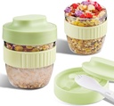 Overnight Oats Containers with Lids and Spoons, 16 oz Plastic Reusable Meal Prep jar, Leak Proof, BPA Free, On the Go Cups for Oatmeal, Yogurt, Cereal, Salad, Snacks, Milk (1 Pack, Green)