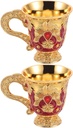 LOGOFUN 2PCS Vintage Goblet Metal Retro Holy Cups Embossed Flower Pattern Offering Mugs with Handle for Buddhist Wedding Supplies - Gold Red