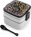 Floral Multicolor Pattern Bento Box Adult Lunch Box All-in-One Lunch Containers with Removable Compartments Double Layer Bento Lunch Box with Spoon And Handle Stackable Lunchbox