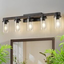 GoYeel Farmhouse Bathroom Vanity Lighting,5 Light Vanity Light Bathroom Lighting Lixtures Over Mirror Wooden with Clear Glass for Hallway Kitchen Sink