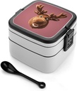 Stackable Double-Layer Bento Box Funny Christmas Moose Head Adults Lunchbox With Spoon Cute Japanese Bento Box Dishwasher Safe for Work Travel Dining Outc