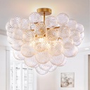 Semi Flush Mount Bubble Ball Chandelier Lighting 20 Inch Gold Clear Ribbed Blown Glass Chandeliers Ceiling Light Fixtures for Bedroom, Living Room, Entry, Bathroom