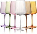 Hand Blown Ribbed Wine Glasses with stem, Lead-Free Crystal Glasses, Luxury Gift, Set of 6, Unique, 18oz Premium Wine Goblet, Large capacity, Fluted Design (6pcs mixed colored)