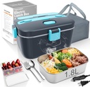 Electric-Lunch-Box-Heated-Food-Warmer 100W Heating Lunchbox for Adults 1.8L Portable Food Heater for Work/Car, 12V/24V/110-230V Lonchera Eléctrica Portátil with Fork Spoon (Gray+Blue)