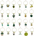 BENECREAT 24 Style Summer Theme Wine Glass Charms, Green Goblet Drink Markers Tags Glass Identifiers Wine Accessories for Cocktail Champagne Tasting Party Favors Decoration Supplies Gifts
