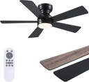 Black Ceiling Fans with Lights - 46" Flush Mount Ceiling Fan with Remote and 5 Reversible Blades, 3CCT Dimmable, 6 Wind Speeds&2H Timer, Indoor Low Profile Fan Light Fixture for Modern Bedroom