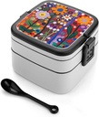 Bento Lunch Box for Women Lunch Containers for Adults Color Flower Painting Double Layered Lunchbox Large Capacity Bento Box with Cutlery for Work Picnic Camping Travel