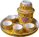 Japanese Sake Set Sake Pot Set Traditional Sake Cup Hand Painted Design Porcelain Pottery Ceramic Crafts Wine Glasses with Keep Warm Cup 8 Piece Yellow