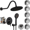 BWE Matte Black Shower System 8.7 Inches Rainfall Shower Head and 6 Setting Handheld Shower Spray 2 Functions Shower Faucet Set Wall Mounted with Shower Valve and Trim Kit