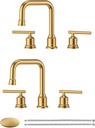 Brushed Gold Bathroom Faucet Set: WOWOW Widespread Bathroom Sink Faucet 3 Hole with Pop-up Drain and Supply Lines, 8 Inch Vanity Taps 3 Pieces Basin Tap 2 Handle Modern (Set of 2)