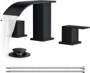 FORIOUS Square Matte Black Bathroom Faucets 3 Hole, Waterfall 8 Inch Widespread Bathroom Sink Faucet with Metal Pop-up Drain and Supply Lines, Two Handles for Vanity, RV, Farmhouse