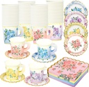 40 Set Floral Tea Cups and Saucers Disposable Tea Party Supplies Colorful Flower Teacups with Handle and Paper Napkins Dinnerware Set for Floral Theme Tea Party Birthday Wedding Bridal Shower Supply