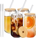 Drinking Glasses with Bamboo Lids and Glass Straws, 4-Piece Set - 16oz Can-Shaped Tumblers for Iced Coffee, Beer, Cocktails, and Whiskey - Includes 2 Cleaning Brushes, Ideal Gift
