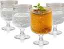 Vintage Goblet Glasses of 4, 8 OZ Embossed Floral Wine Glass Cups Set, Romantic Cocktail Wine Glasses, Mixed Drink Glasses, Glass Globlets for Coffee Soda Juice Beer