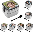 Personalize Double Layer Bento Box - Customizable Lunch Box with Text and Image Printing - Durable, Leak-Proof with Spoon - Ideal for Work,Camping, and Travel（6.1" L x 5.3" W x 4.3" H）