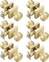 6 Pack Satin Brass Door Knobs with Square Rosette, Interior Door Handles for Bath & Bed, Heavy Duty Door Knob with Lock