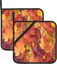 Colorful Autumn Maple Leaves Pot Holders Set of 2 Fall Decorative Kitchen Heat Resistant Potholder Cotton Lining Oven Hot Pads Pot Mats for Kitchen Counter Cooking Baking Microwave BBQ Gifts