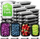 Assorted Meal Prep Containers Bulk 48 Set with Lids and Forks - 20oz - 24oz - 28oz -32oz, Reusable Food Containers Leakproof Snack Container, Freezer Safe and Leakproof Plastic Lunch Take Out Box