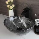 Black White Marbling Bathroom Vessel Sink,16 Inch Ceramic Vessel Sink with Waterfall Faucet and Pop-up Drain Combo,Oval Bathroom Sink Bowl Above Counter with Mixer Tap