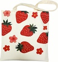 Cute Canvas Small Tote Bag for Women, Aesthetic Strawberry Print Fruit Pattern Reusable Grocery Cloth Bags for Shopping, College, Work, Vacation (13in*15in)