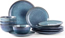 AmorArc Ceramic Dinnerware Sets for 4, 12 Pieces Handpainted Plates and Bowls Set, Scratch Resistant Stoneware Dishes Set, Dishwasher & Microwave Safe, Ceylon Blue