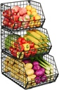 X-cosrack 3-Tier Stackable Wire Baskets for Pantry Organization and Storage, Kitchen Counter Basket for Potato Onion Storage, Fruit and Vegetable Storage Basket, Metal Baskets for Snack Produce Cans