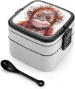 Gorilla with Messy Hair Bento Box - Double Layer, Leakproof Food Containers with Partition & Spoon, Stackable Lunch Box for Office, Travel, Camping