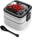Black White And Red Roses Bento Box with Compartments Double Layer Bento Lunch Box with Spoon And Handle All-in-One Adult Lunchbox Leakproof Lunch Container for Work Picnic Travel