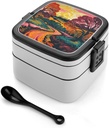 Woods Pattern Bento Box Adult Lunch Box All-in-One Lunch Containers with Removable Compartments Double Layer Bento Lunch Box with Spoon And Handle Stackable Lunchbox