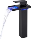 LED Bathroom Faucet, Black Waterfall Tall Vessel Bathroom Sink Faucet 1 Hole Single Handle Brass with Water Supply Hoses
