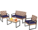 PHI VILLA Patio Wicker Furniture Set for 4, Brown Rattan Loveseat & Chairs with Blue Cushions & Acacia Wood Coffee Table, Outdoor Modern Sectional Conversation Sofa Set for Deck, Yard, Porch