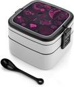 Heart Collection Bento Box with Spoon, 2-layer Stackable Lunch Box Leak Proof with Invisible Handle, Insulated Food Storage for Office, Picnic & Travel