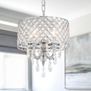 VILUXY Modern Crystal Chandelier Chrome French Country Pendant Light Small Hanging Ceiling Light Fixture Drum Shade for Bedroom, Kitchen Island, Girl Room, Dining Room 4-Light