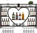 Floating Wine Rack Shelf with Glass Holder Heart Shaped Liquor Bottle Display Stand Wall Mounted Wine Bottle Shelf for Living Room and Wine Cellar Negro 100x8