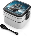 Pirate Ship Bento Box Adult Lunch Box All-in-One Lunch Containers with Removable Compartments Double Layer Bento Lunch Box with Spoon And Handle Stackable Lunchbox