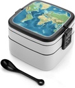 World Map Bento Box Adult Lunch Box All-in-One Lunch Containers with Removable Compartments Double Layer Bento Lunch Box with Spoon And Handle Stackable Lunchbox