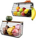 Fruit Basket for Kitchen Counter 2 Pack, Stackable Wall Hanging Wire Basket with Wood Top, Large Onion Potato Storage Bin, Kitchen Countertop Pantry Organizers for Snacks Produce Vegetable
