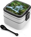 Waterfall Flowing Down Bento Box Adult Lunch Box All-in-One Lunch Containers with Removable Compartments Double Layer Bento Lunch Box with Spoon And Handle Stackable Lunchbox