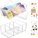 2 Pcs Plastic Tea Bag Organizer with Lid, Clear Stackable Tea Packet Storage with 4 Drawers and 2 Stickers, Divided Tea Bag Holder for Coffee Sugar Snacks, Acrylic Tea Box for Kitchen Office Pantry