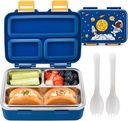 Bento Box for Kids – 3-Compartment Kids Bento Lunch Box with Leak-Proof Lid, Spoon & Stainless Steel Tray – 20 x 15 x 6.8 cm BPA-Free, Dishwasher Safe - Fun Space Design for School & Travel (Blue)