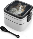 All-in-One Bento Box Stackable Leak-Proof Lunch Box With Carry Handle 2 Layer Portable Meal Prep Container Brown And Gray Fur Lunchbox with Utensils for Dining Out Work