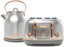 Haden Heritage 4 Slice Wide Slot Stainless Steel Toaster Bundled with 1.7 Liter Stainless Steel Electric Water Kettle, Steel & Copper