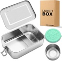 Stainless Steel Bento Lunch Box 1500ML,3 Compartment Metal Bento Lunch Boxes with 100ml Leak-proof Condiment Container,Metal Food Storage for Work Adults