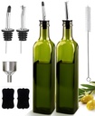 2 Pcs Glass Olive Oil Dispenser and Vinegar Dispenser Set with 2 Stainless Steel Pourers, 4 Labels, 1 Brush and 1 Funnel Oil Bottles for Kitchen (500ml)-Green
